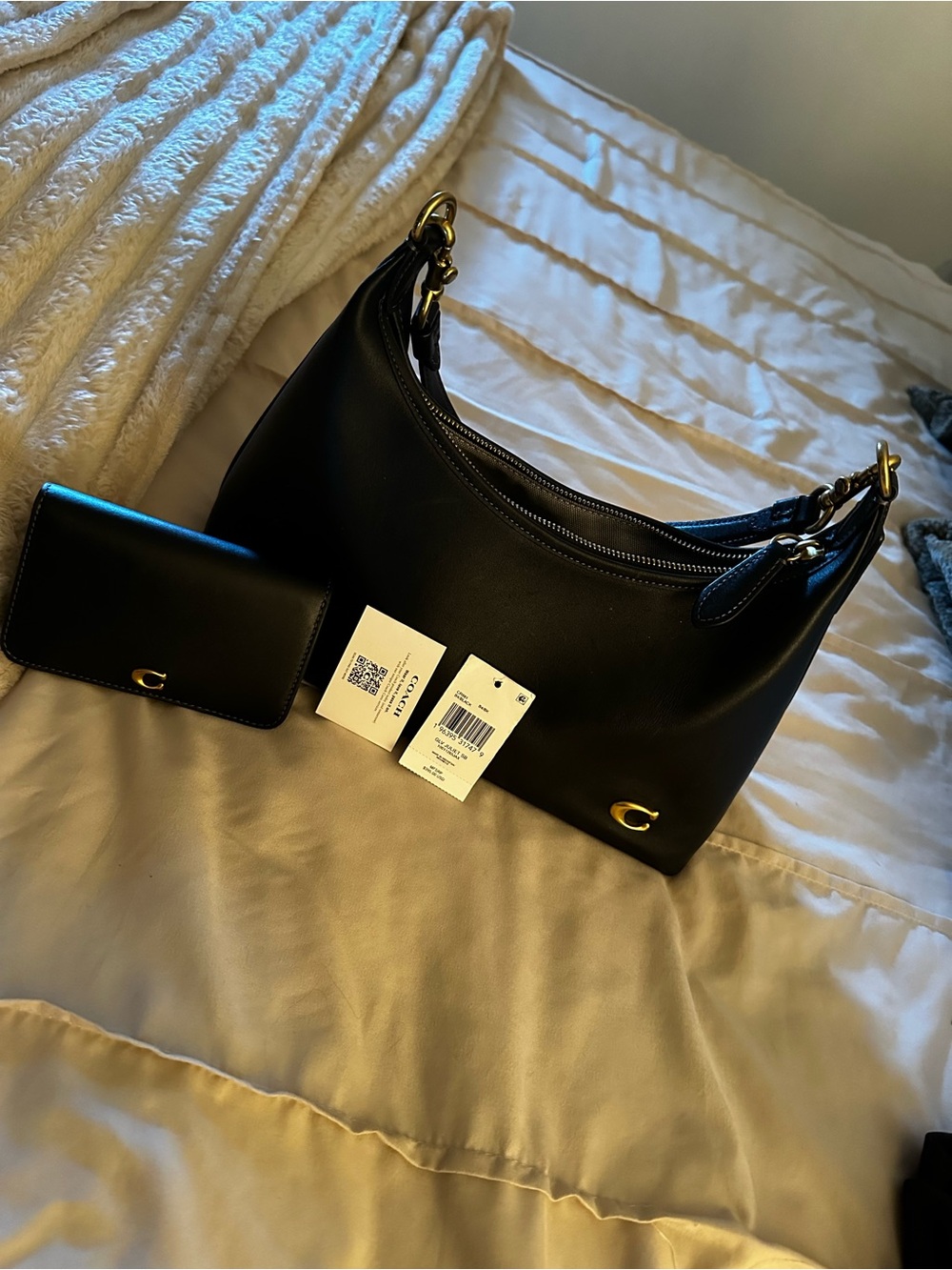Coach Black Leather Shoulder Hobo with Gold Hardware and Card Case